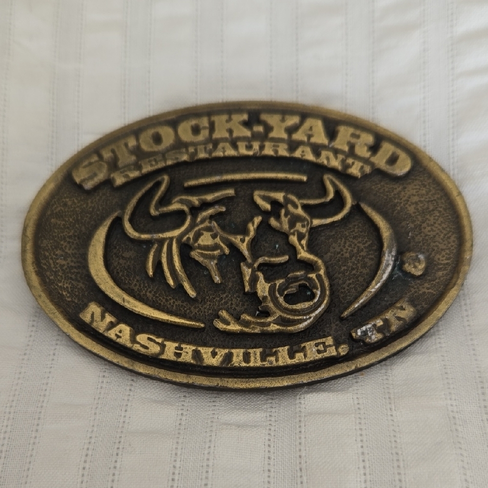 Unique Vintage Belt Buckle 1980's Brass Plated Western Stock-Yard Restaurant